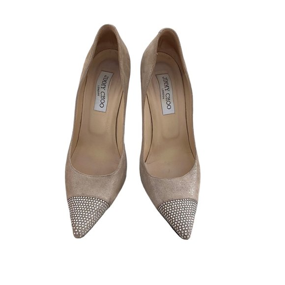 Jimmy Choo Beige Iridescent Crystal Embellished Abel Pointed Toe Pumps 38 8 4"